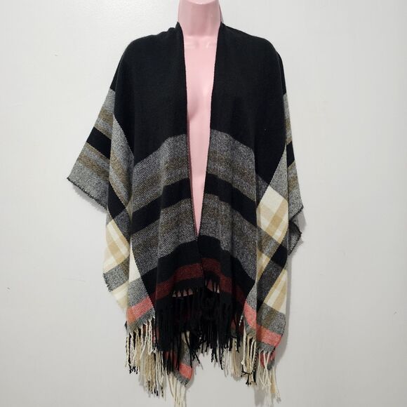 Space Age - Shawl Wrap Coverup Poncho Fringe Plaid - One Size -Black - Picture 1 of 6